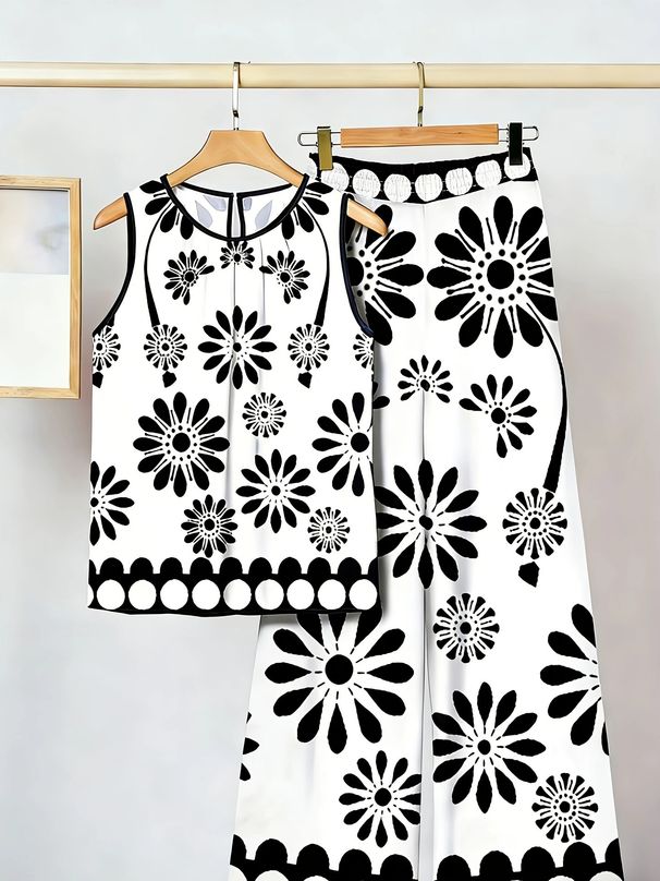 Women's Fashion Print Two Piece Set Sleeveless Irregular Vest And Pants Cross Border Style New in Stock_ecoleips.com