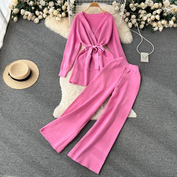 Women's Autumn Two Piece Set Niche Design Belt Waist Long Sleeved Knit Cardigan High Waisted Loose Wide Leg Pants_ecoleips.com