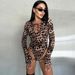 "V-Neck Leopard Print Jumpsuit With Tie Detail - Long Sleeve High-Waisted Bodysuit For Women, Stretchy Polyester Blend,_ecoleips.com