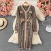 Chic V-Neck Houndstooth Knit Dress – Slim-Fit Pencil Dress With Contrast Trim (Chocolate/Beige/White/Black, One Size) | Elegant Office To Evening Wear_ecoleips.com