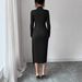 Spring New Arrival Women's Stand Collar Knitted Dress Solid Color Slim Fit Metal Button Style_ecoleips.com
