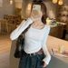 Women's Autumn/Winter Short-Sleeved T-Shirt With Straight Shoulders And Arc-Shaped Hem, Square Collar, Fitted Base Layer_ecoleips.com