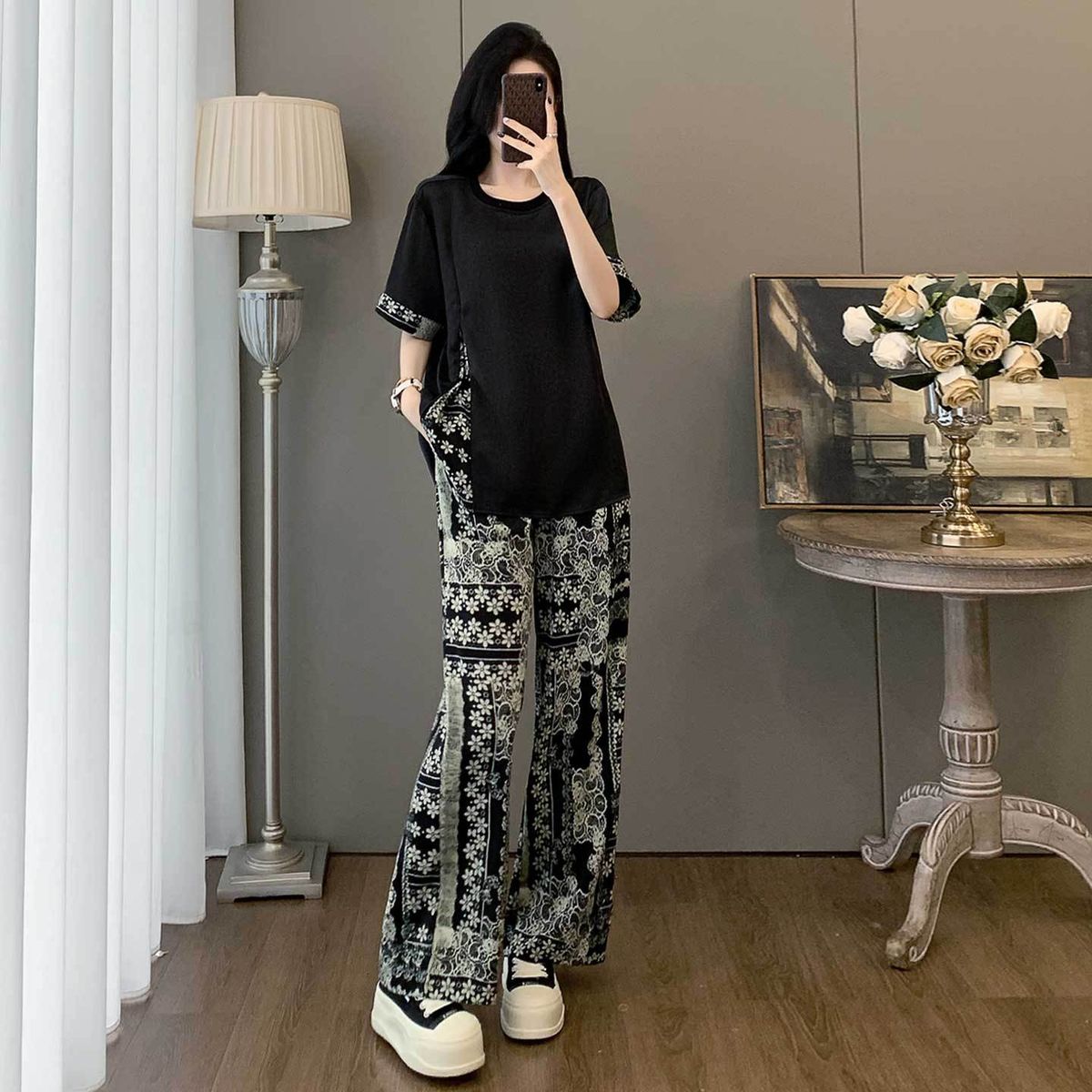 Women's Clothing Summer New Round Neck Side Zipper Printed Short Sleeved Top Wide Leg Trousers Two Piece Suit_ecoleips.com