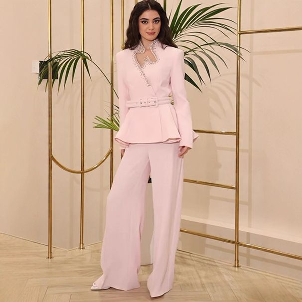 Elegant Rhinestone Blouse & Casual Pants Set - Stylish Women's Two-Piece Outfit For Work & Leisure_ecoleips.com