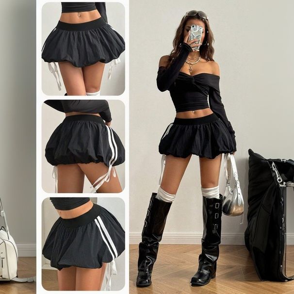 Voya Discounted Women's Sweet And Spicy Puffy Half Length Skirt With Stripe Contrast, Slim Fit, Flower Bud Fashion Short Skirt_ecoleips.com