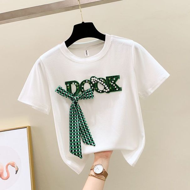 Women's Clothing Women's Fashion Beaded Bow Short Sleeve T-Shirt Set With Embroidered Ethnic Style Trendy Style Jeans_ecoleips.com