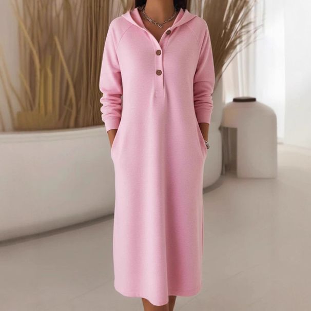 Minimalist Button-Up Hooded Dress – Oversized Knit Tunic With Drop Shoulder (S-XXL, Dusty Pink, Transseasonal Layering Staple)_ecoleips.com