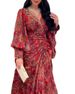 2023 Spring/Summer New Long Spliced Waist Skirt V-neck Printed Belt Dress_ecoleips.com