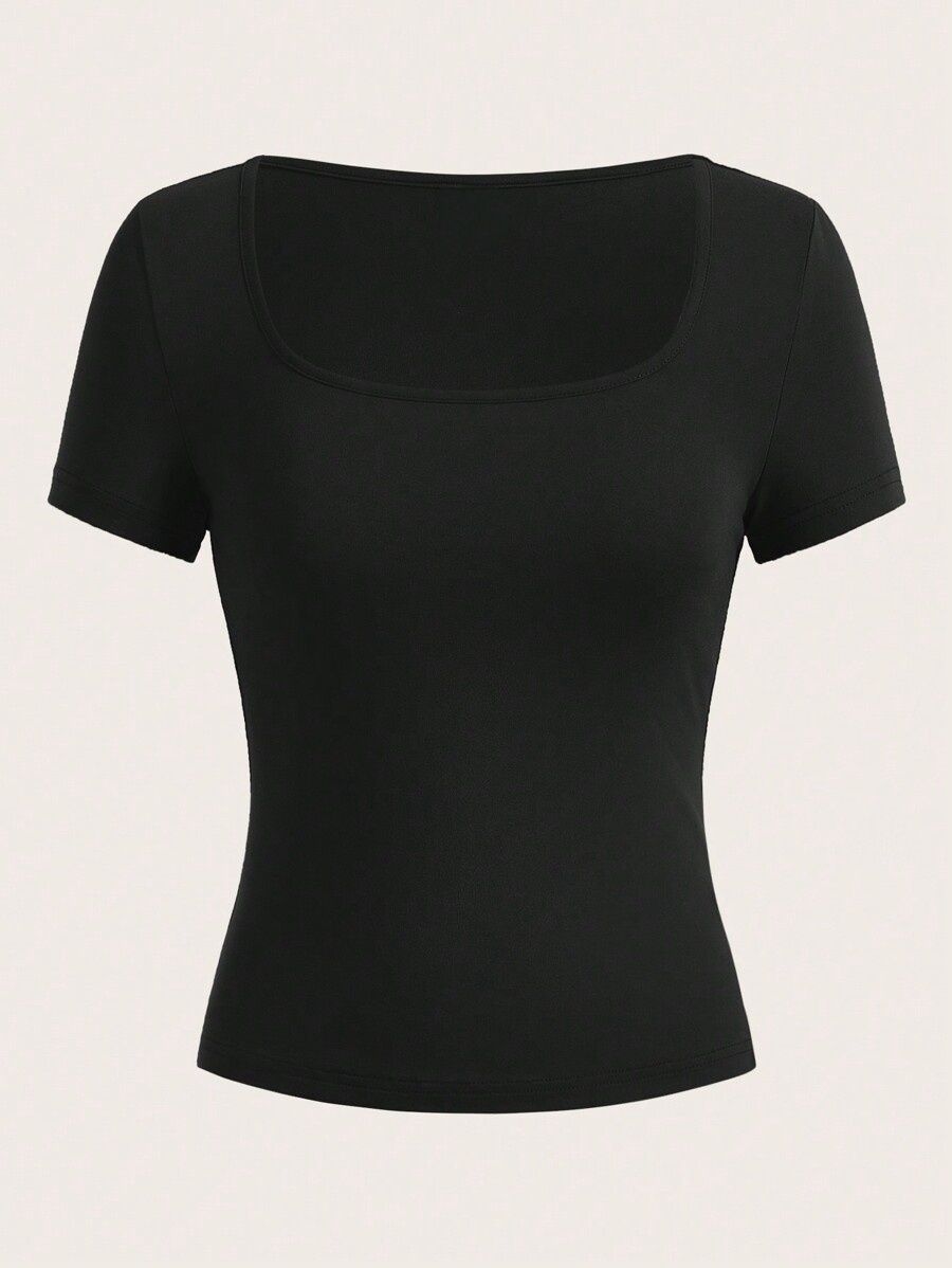 Vibrant Square Neck T-Shirt In Solid Color - Spring And Summer Classic Casual Short Sleeve T-Shirt - Everyday Casual_ecoleips.com
