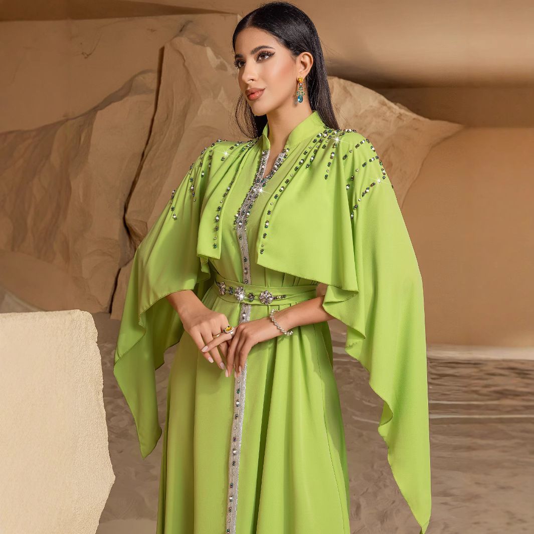 Women's Clothing Fruit Green Half High Collar Shawl Dress Hand Sewn Diamond Abaya Dress_ecoleips.com