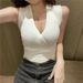 Women's Sexy Knitted Base Layer Top Short Sleeve Tight Fitting Low Cut V Neck Spring Summer 2023_ecoleips.com