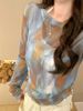 Ink Painting Print T-Shirt For Women, Spring And Autumn European Style, Slim Fit, Thin Long-Sleeve Mesh Base Shirt With_ecoleips.com