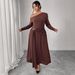Off-Shoulder Plus Size Fall Dress – High Waist Slimming Long Sleeve Coffee Brown Dress With Belt Detail_ecoleips.com