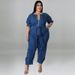 Plus Size Women's Summer Jumpsuit Short Sleeved Zipper Fashion Washed Denim_ecoleips.com