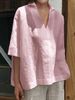 2025 Spring Summer V-neck Cotton Linen Versatile Solid Color Plus Size Loose Mid-sleeve Women's Shirt_ecoleips.com