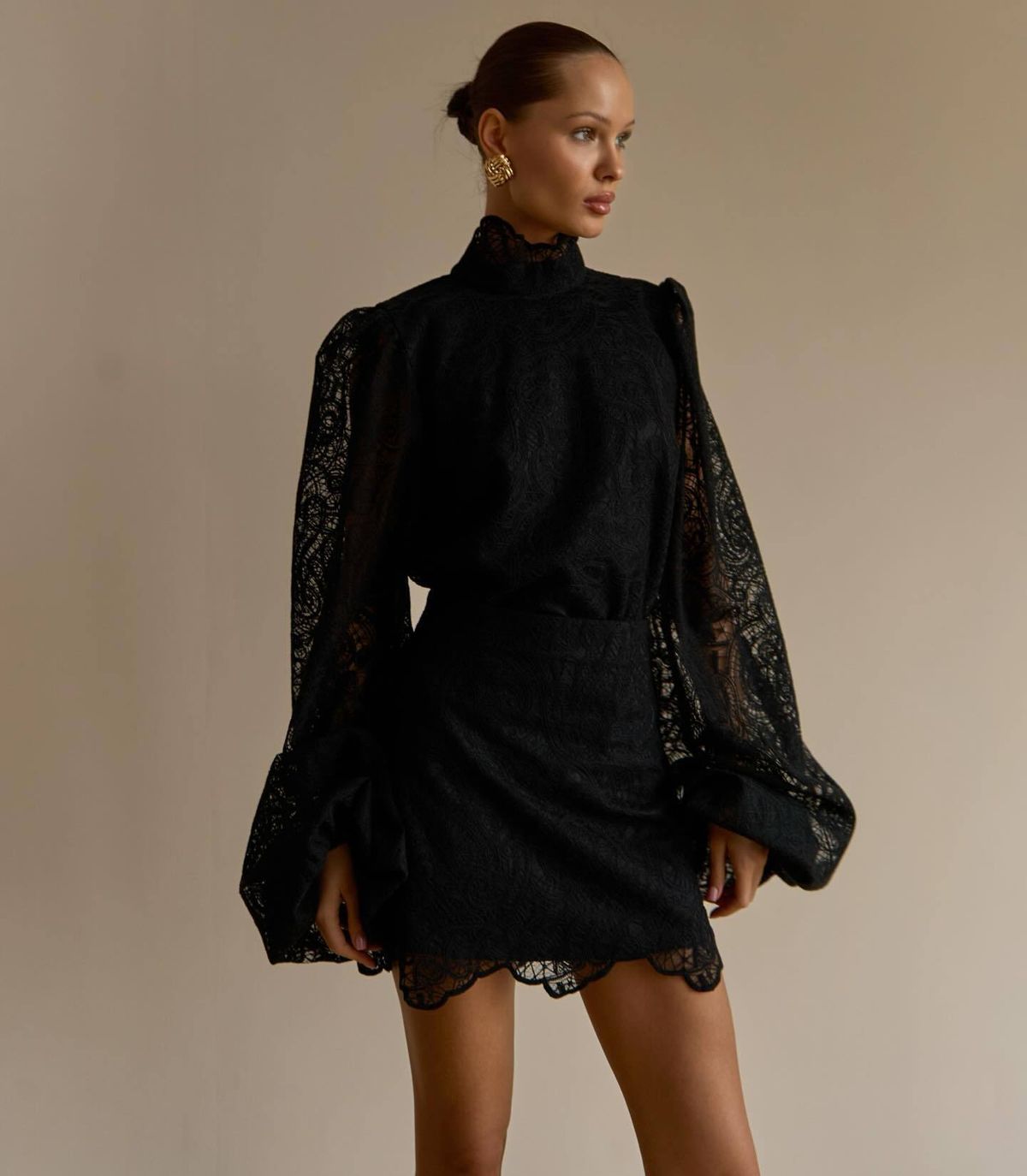 Women's Lantern Sleeve Mock Neck Lace Midi Dress – Elegant Casual Party Gown_ecoleips.com