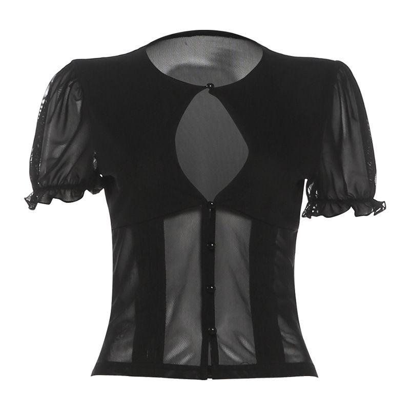 Women's Slim Fit Round Neck Puff Sleeve T-Shirt Sexy Hollow Out Mushroom Button Detail Solid Color Summer Top Style_ecoleips.com