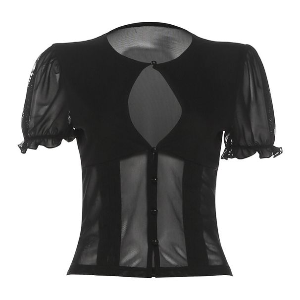 Women's Slim Fit Round Neck Puff Sleeve T-Shirt Sexy Hollow Out Mushroom Button Detail Solid Color Summer Top Style_ecoleips.com