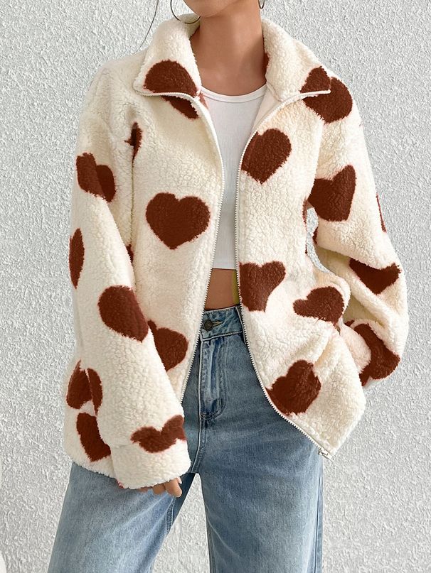 Women's Plush Heart-Print Zip-Up Hoodie – Cozy Oversized Fleece Jacket For Fall & Winter (Red, Khaki, Black, Rose Pink)_ecoleips.com