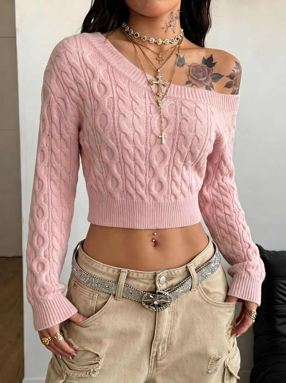 Off The Shoulder Cable Knit Sweater Short Crop Top Slim Fit Hot Girl Women's Clothing_ecoleips.com