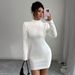 Cozy High-Neck Long-Sleeve Sweater Dress – Stretchy Bodycon Knit Dress For Women (S-XL, White, Wrinkle-Resistant, Beaded Detail)_ecoleips.com