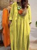 Women's V-Neck Linen Blend Dress – Breathable A-Line Midi Dress With Relaxed Fit, Casual Boho Style_ecoleips.com
