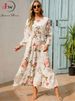 Women Elegant Floral Printed Long Dresses Spring Summer Casual O Neck Long Sleeve Ladies Chic High Waist A Line Beach Dresses_ecoleips.com