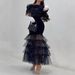 cross Border New Style Hip Covering Mid Waist Waist Black Artistic Mesh Sequin Temperament Commuter Long Skirt Dress_ecoleips.com