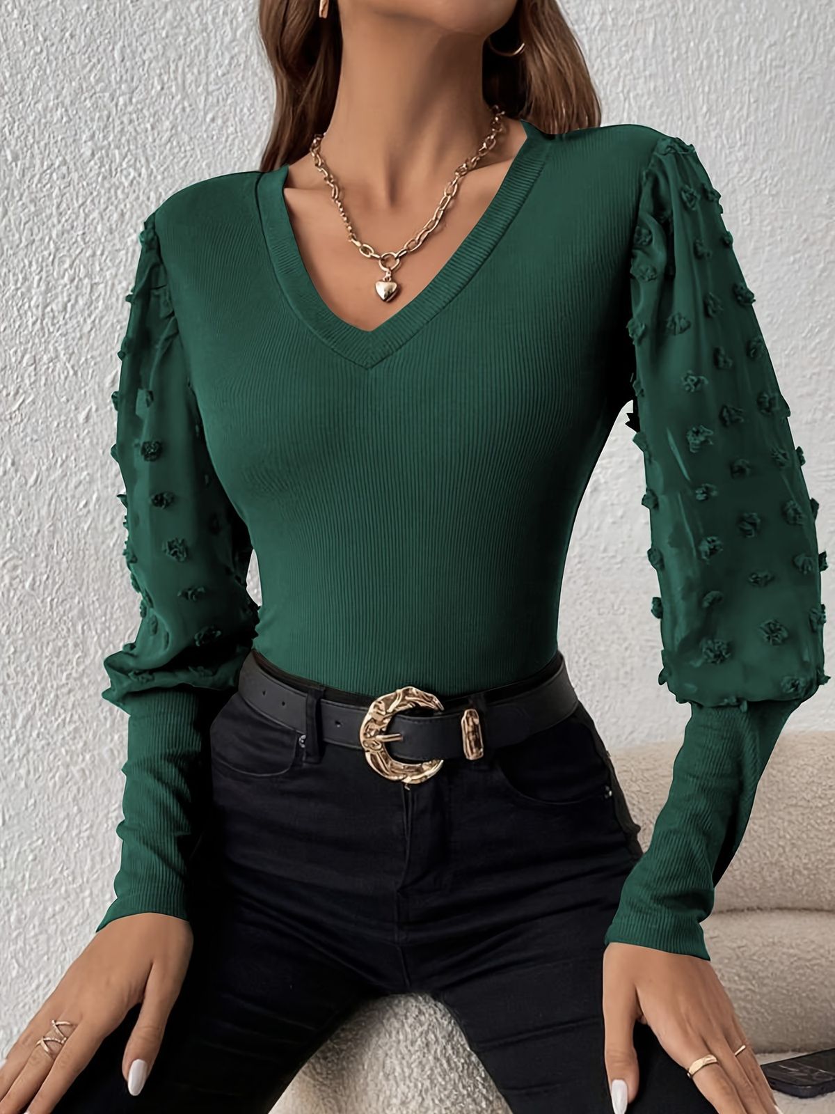 Elegant Ribbed V Neck Chiffon Patchwork Long Sleeve Solid Color T Shirt Women's Slim Fit Top with Lantern Sleeves_ecoleips.com