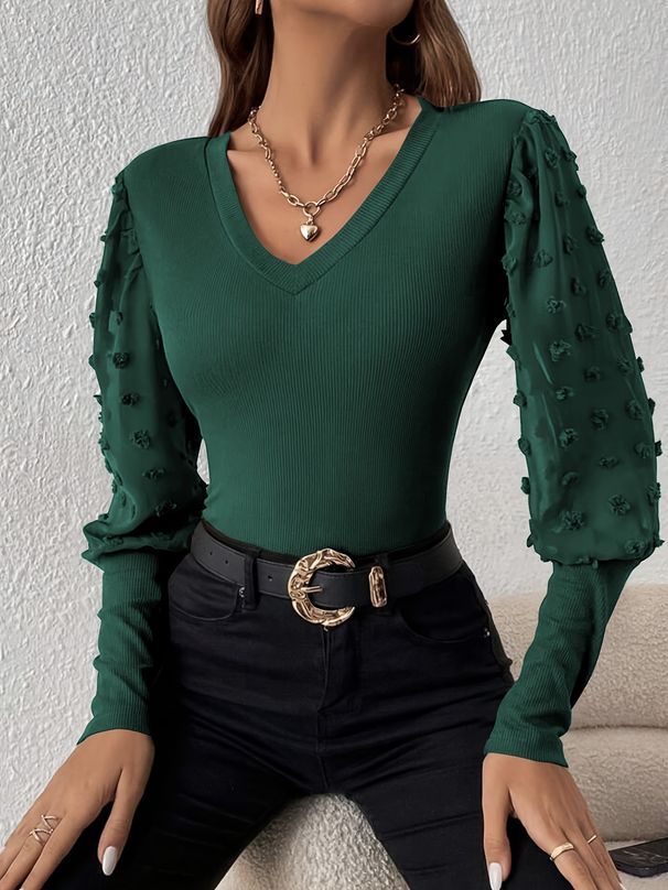 Elegant Ribbed V Neck Chiffon Patchwork Long Sleeve Solid Color T Shirt Women's Slim Fit Top with Lantern Sleeves_ecoleips.com