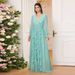 Women's Elegant Chiffon Maxi Dress With Lantern Sleeves – V-Neck A-Line High Waist Wedding Guest Dress For Party, Evening, Office (Green)_ecoleips.com