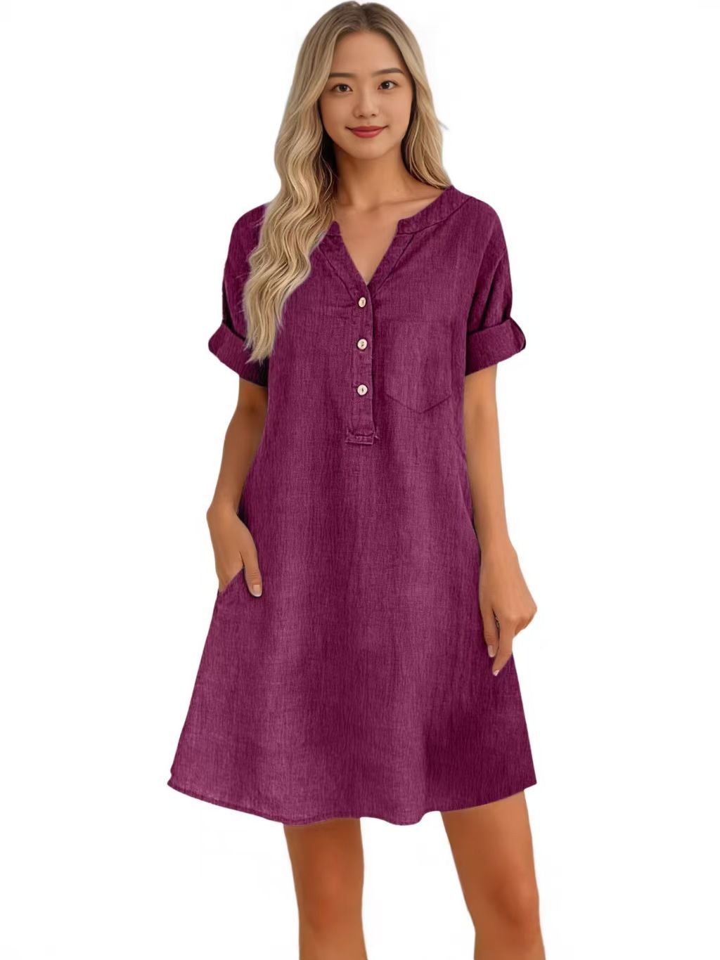 Elegant V-Neck Short Sleeve Shirt Dress Button Detail Lightweight Blend A-Line Cut Women Multiple Colors Available_ecoleips.com