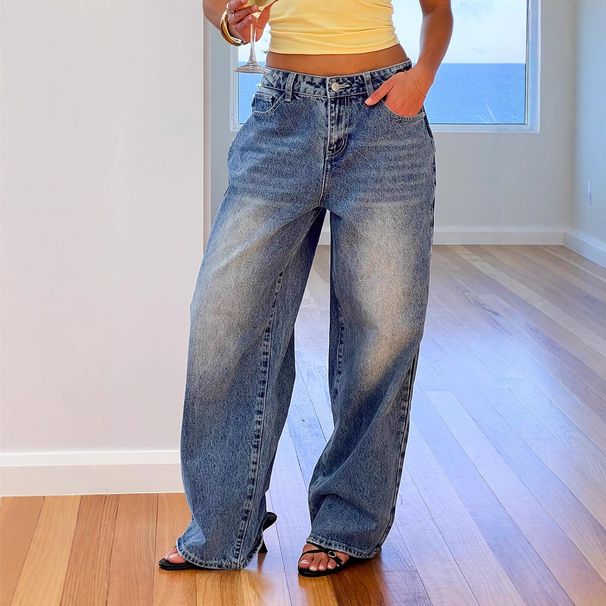 Women's Vintage Washed Wide Leg Jeans With Heart Back Pockets, Loose Casual Denim Trousers For Daily Streetwear_ecoleips.com