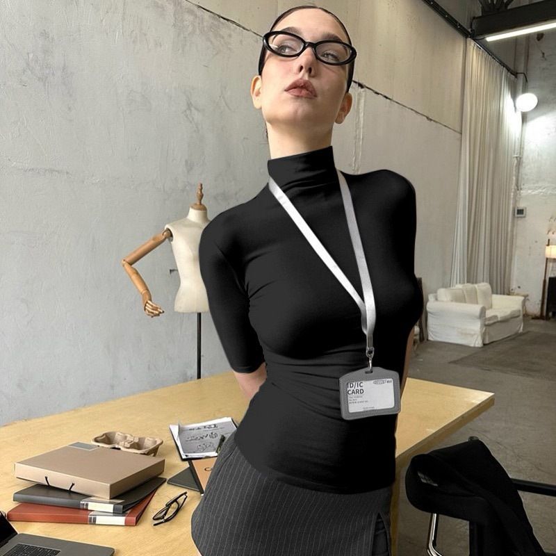 White Turtleneck Short-sleeved Front Shoulder T-shirt For Women's Summer Tight Fit, Slim Fit Inside, Base, Spice Girl, Waist Show_ecoleips.com