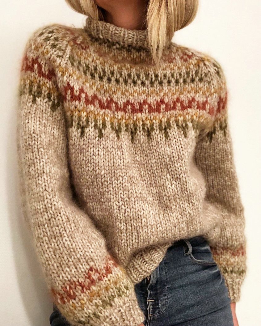Unisex Chunky Knit Sweater - Oversized High-Neck Pullover With Hand-Painted Print, Warm Wool Blend Winter Top For Men & Women_ecoleips.com