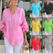 Women's Clothing Spring And Summer Casual V Neck Solid Color Cotton And Linen Long Sleeved Tops_ecoleips.com