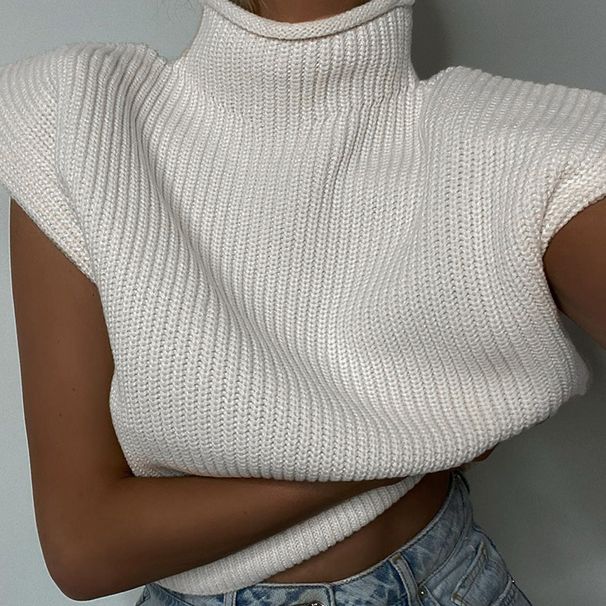 Elegant High Neck Sleeveless Sweater Women's Knit Top - Soft Acrylic Blend, Relaxed Fit, Versatile Solid Colors For Autumn & Winter_ecoleips.com