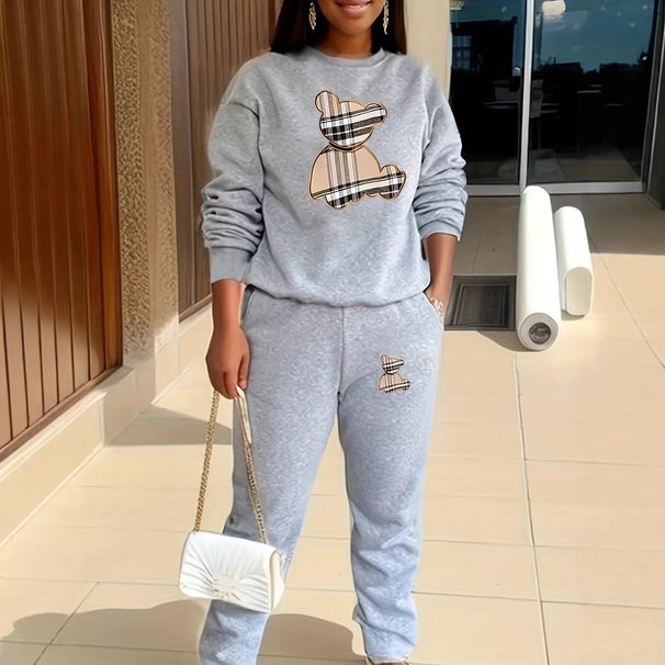 Women's Fleece Lined Sweatshirt Set American Style Two Piece Set Crew Neck Casual Printed Sweatshirt_ecoleips.com