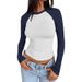 Y2k-Style Spring/Summer Women's Round-Neck Collared Long-Sleeved T-Shirt With Color Contrast Design For Slimming Effect_ecoleips.com