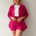 European And American Women's Two-Piece Wrinkled Fabric Turn-Down Collar Long Sleeve Shirt High Waist Drawstring Shorts_ecoleips.com