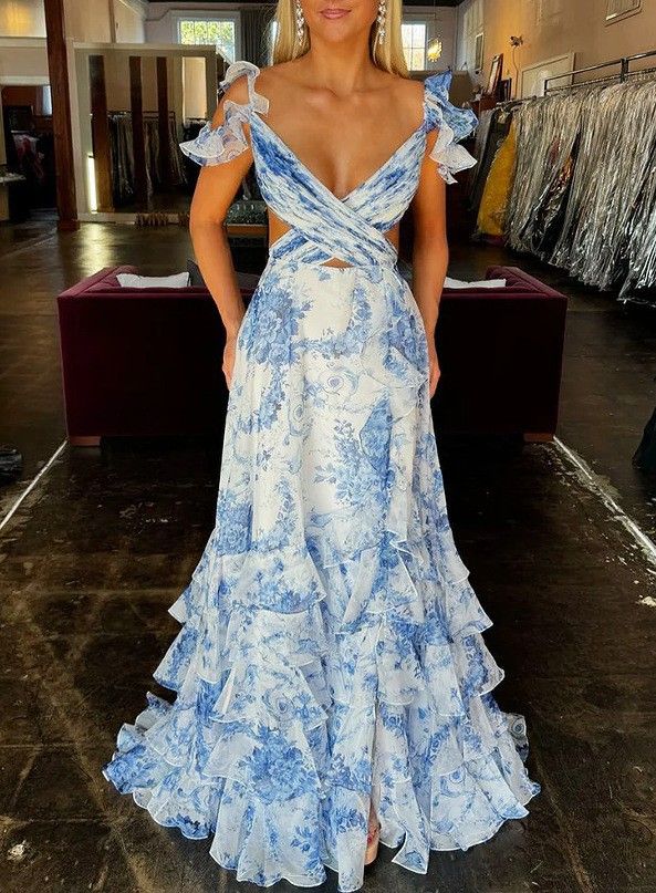 French Style Ruffled Chiffon Floral Halter Neck Strappy Deep V Neck Big Swing Dress With Ribbon For Seaside Vacation Party_ecoleips.com
