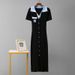 Women's Slim Fit Knit Dress - Elegant Polo Collar Long Sleeve Maxi Dress With Embroidery Detail_ecoleips.com