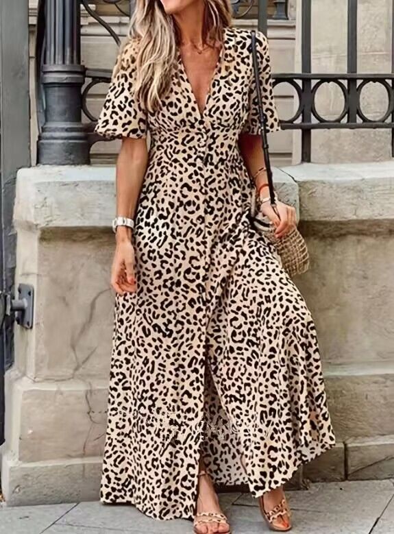 Leopard Print V Neck Dress Sexy Short Sleeve Dress For Spring Summer Women's Clothing_ecoleips.com
