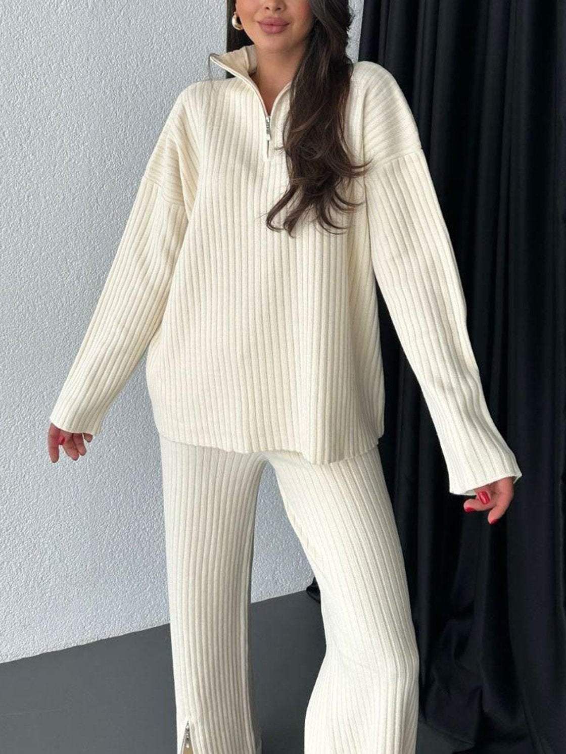 Spring Women's Pure Color Knit Set With Zipper, High Neck, And Striped Design-Two-Piece Home Wear Set_ecoleips.com