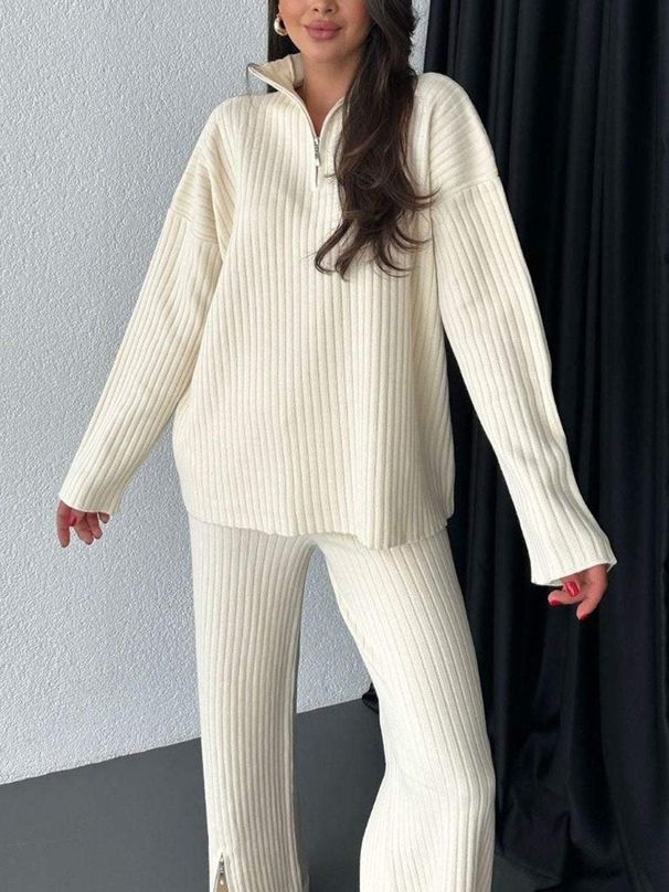 Spring Women's Pure Color Knit Set With Zipper, High Neck, And Striped Design-Two-Piece Home Wear Set_ecoleips.com