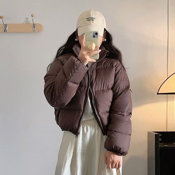 Women's Short Puffer Jacket Winter Warm Quilted Coat Loose Oversized Korean Style Casual Outerwear With Stand Collar_ecoleips.com
