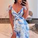 French Style Ruffled Chiffon Floral Halter Neck Strappy Deep V Neck Big Swing Dress With Ribbon For Seaside Vacation Party_ecoleips.com