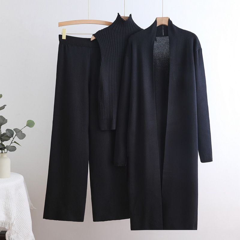 K Long Trench Coat With High Collar Inner Wear; Sweater Vest; Elastic Waist Wide-leg Pants; Knitted Three-piece Suit._ecoleips.com