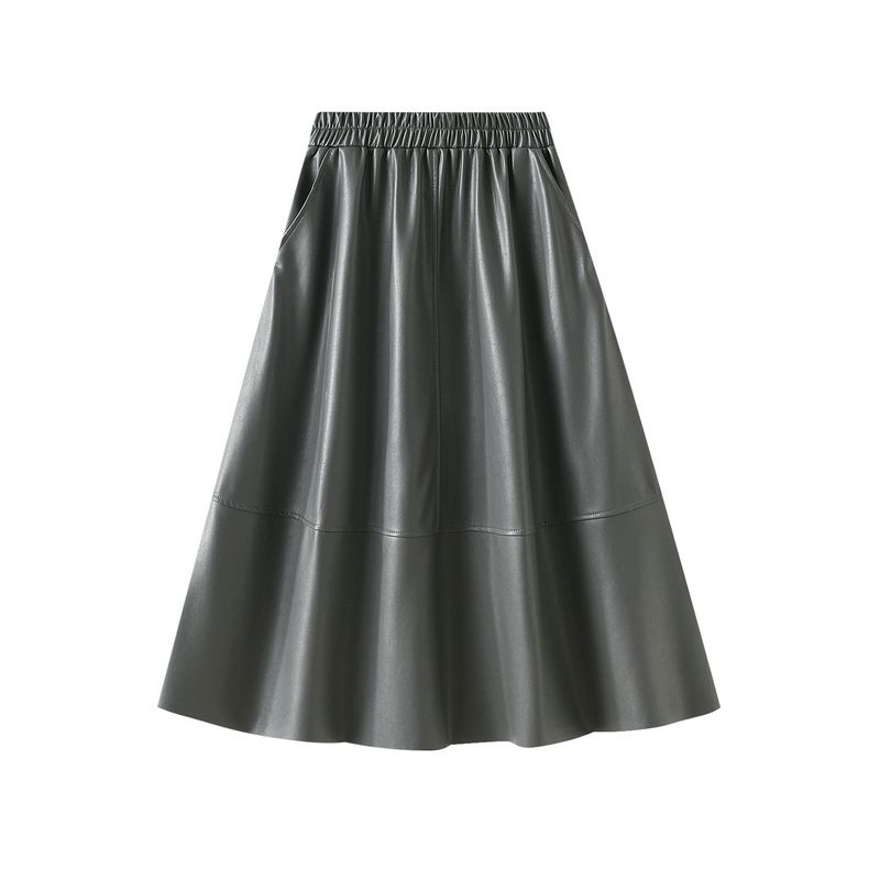 Leather Style Midi For Women High Waist A-Line Versatile Long Elegant Umbrella Skirt 1839_ecoleips.com