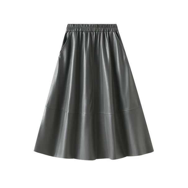 Leather Style Midi For Women High Waist A-Line Versatile Long Elegant Umbrella Skirt 1839_ecoleips.com